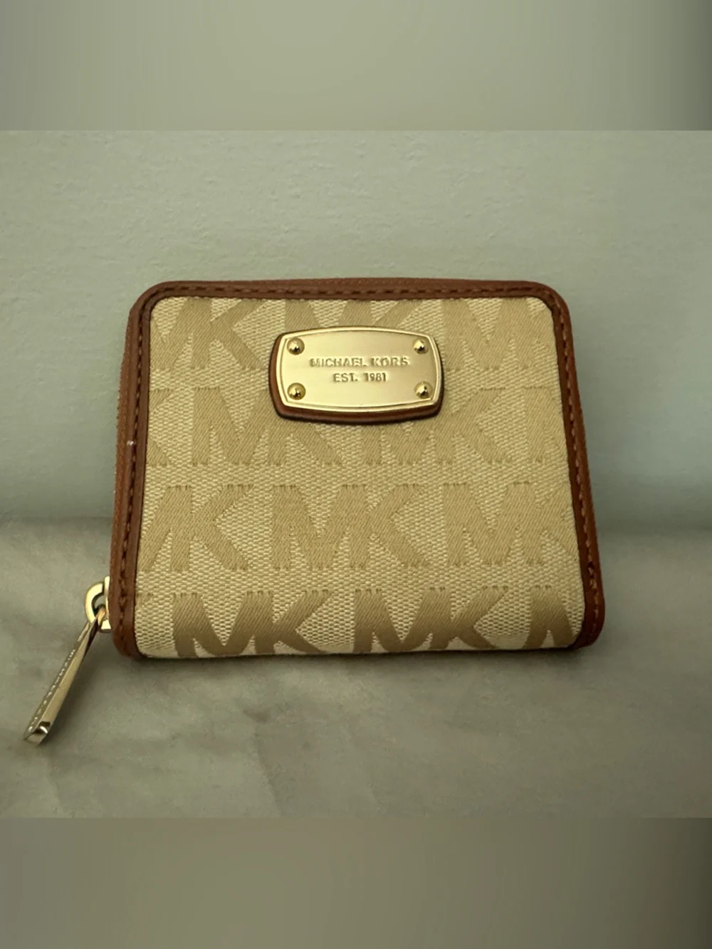 Michael Kors Beige and Brown Signature MK Zip Card Wallet
